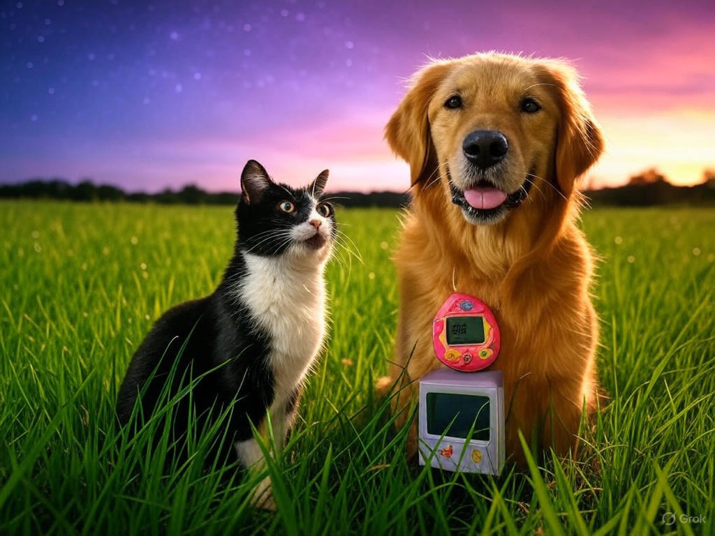 A joyful montage of a dog, a cat, and a digital Tamagotchi pet, set against a vibrant background of green fields and a starry sky.
