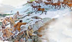 An ancient Siberian scene of a hunter with a dog tracking reindeer, set in a frozen forest with auroras overhead.