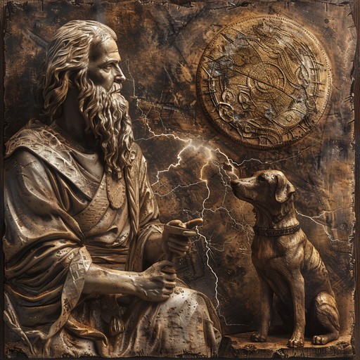 A Celtic bronze relief of a warrior with a hound, set in a misty forest with spiral carvings on stone.