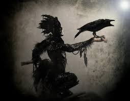 A Celtic scene of a druid with a raven on a staff, standing in a stone circle under a stormy sky.
