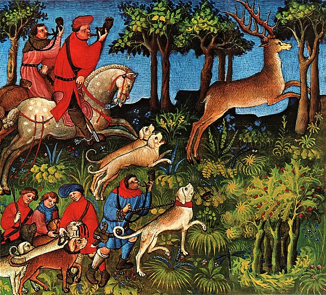 A medieval tapestry showing nobles with hunting dogs and falcons in a forest, with rich colors and detailed patterns.