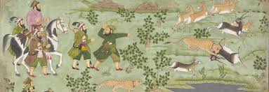 An Indian miniature painting of a king with a loyal dog in a lush forest, with golden hues and Sanskrit script.