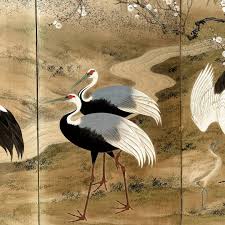 A Japanese scroll painting of a noble with a pet crane in a serene garden, with cherry blossoms and a koi pond.