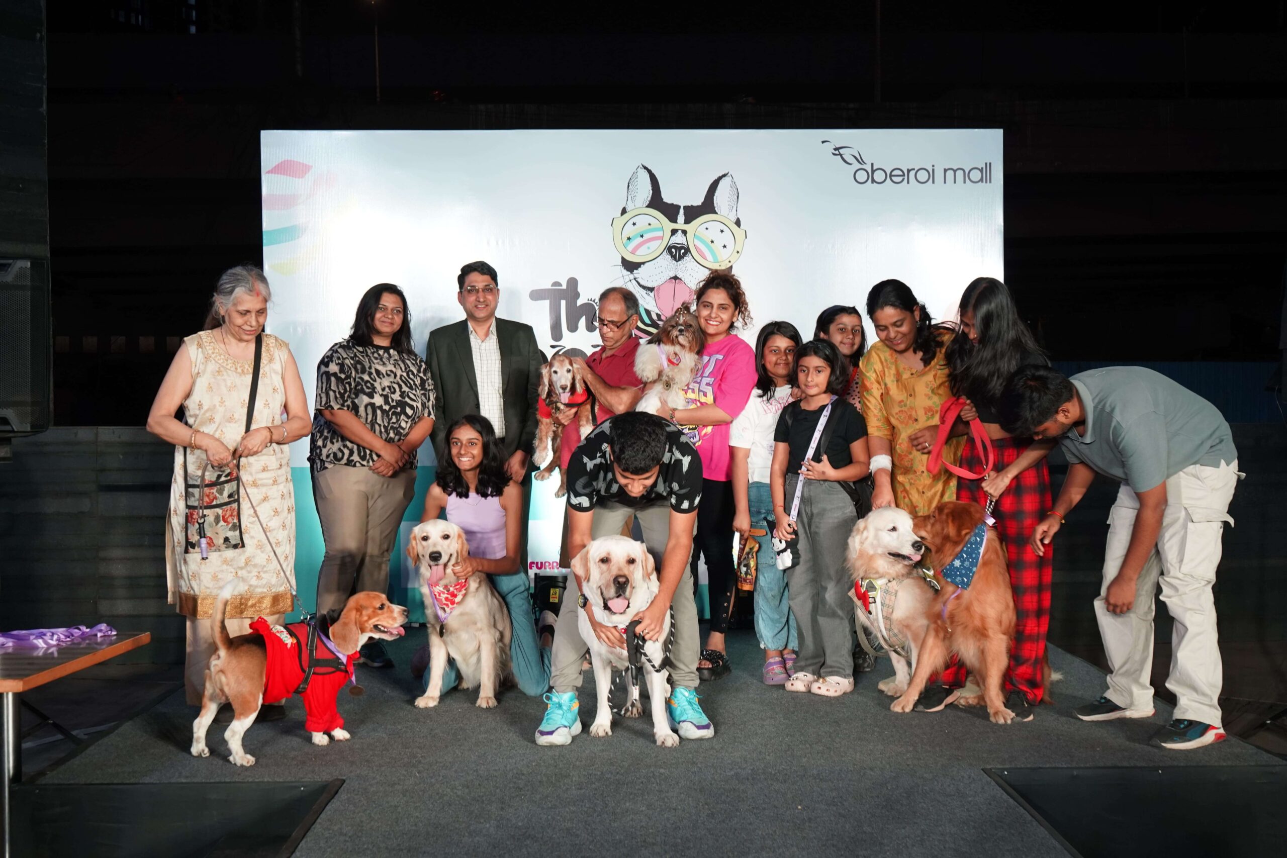 A vibrant Mumbai pet festival with a Labrador in an agility course, surrounded by colorful stalls and cheering crowds.