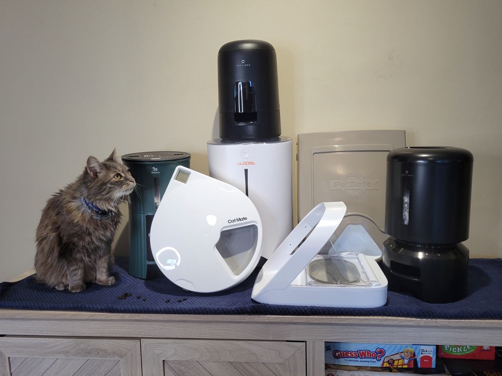 A sleek smart feeder dispensing kibble to a curious cat, in a modern kitchen with a smartphone displaying a pet app.