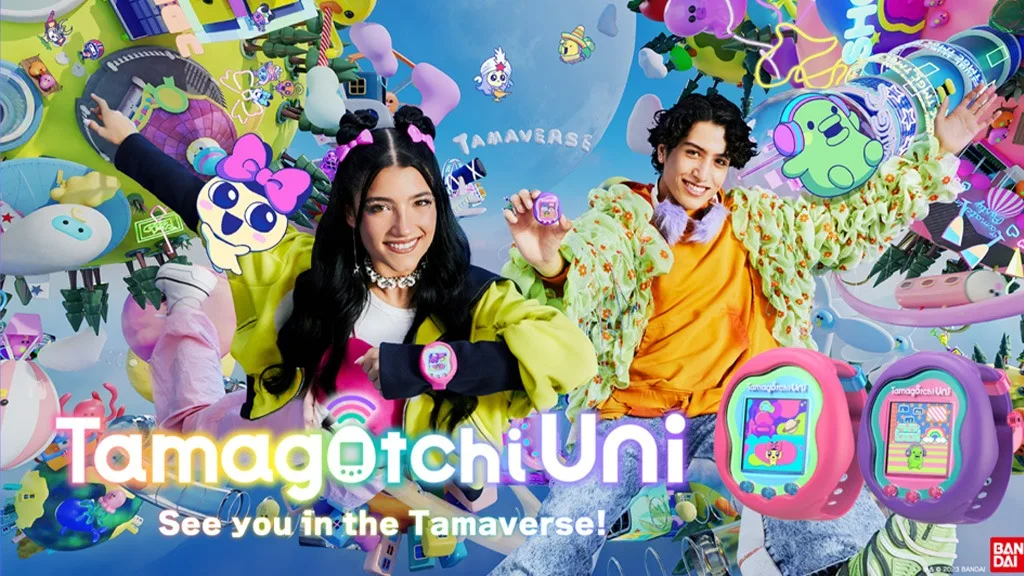 A colorful Tamagotchi Uni device displaying a happy digital pet, held by a person against a vibrant, tech-inspired background.