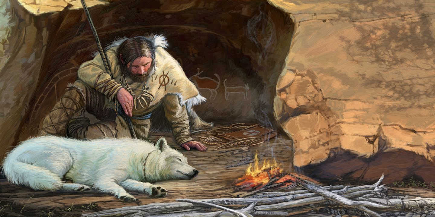 A prehistoric scene of a human hunter by a campfire with a domesticated wolf, under a starry sky with rugged mountains.