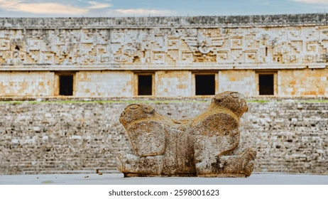 A Maya stone carving of a Xoloitzcuintli dog in a temple courtyard, with intricate glyphs and tropical foliage.